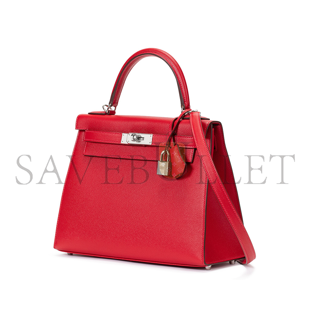 HERMÈS ROUGE CASAQUE EPSOM SELLIER KELLY 25 PALLADIUM HARDWARE (25*17*7cm)